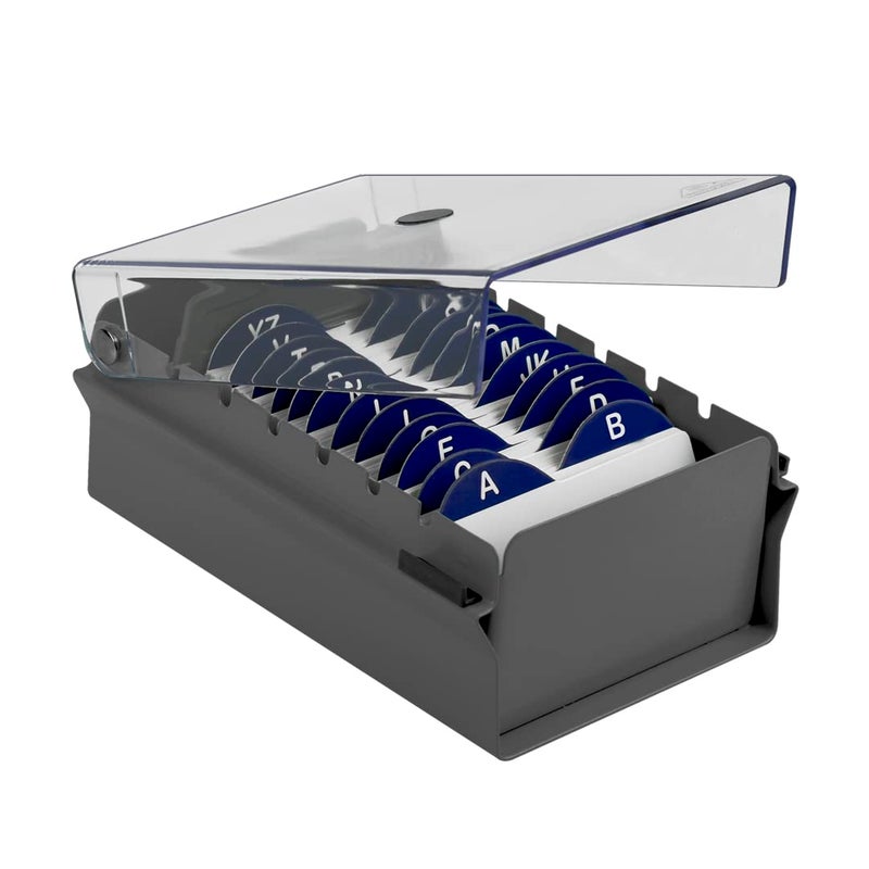 Acrimet Index Business Card Size File Holder Organizer Box Metal Base Heavy Duty (AZ Index Cards and Divider Included) (Gray Color with Clear Crystal Plastic Lid Cover) - Image 1